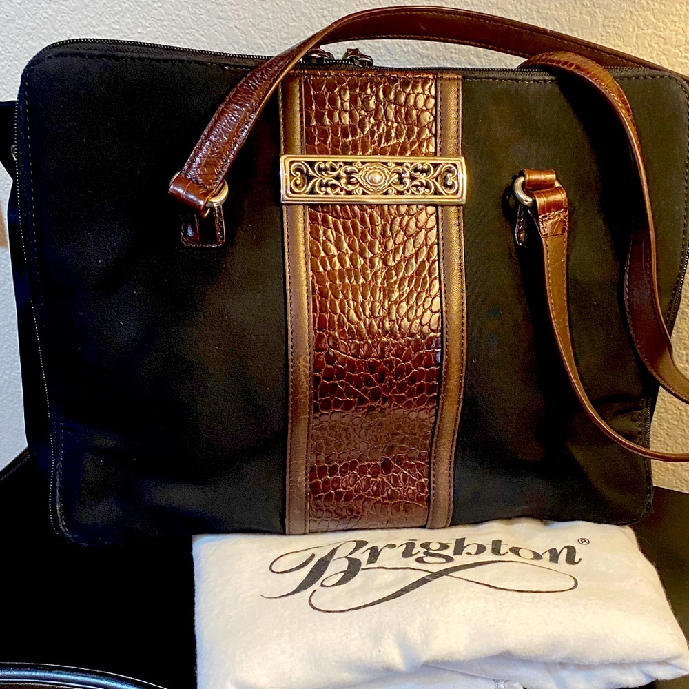 Brighton microfiber shoulder bag with brown leather accents.